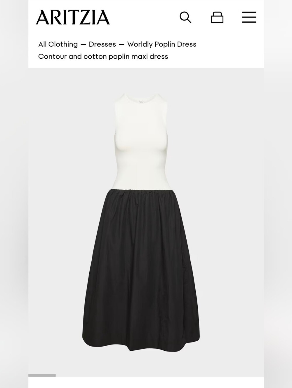 Aritzia Worldly Black & Light Birch Poplin Maxi Dress, Small - Never Worn NWT